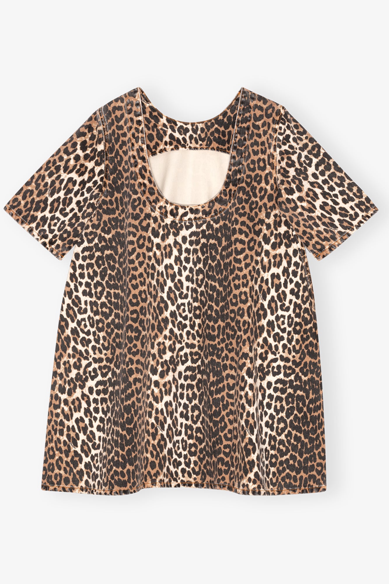 Print Denim Open-Back Mini Dress | Leopard