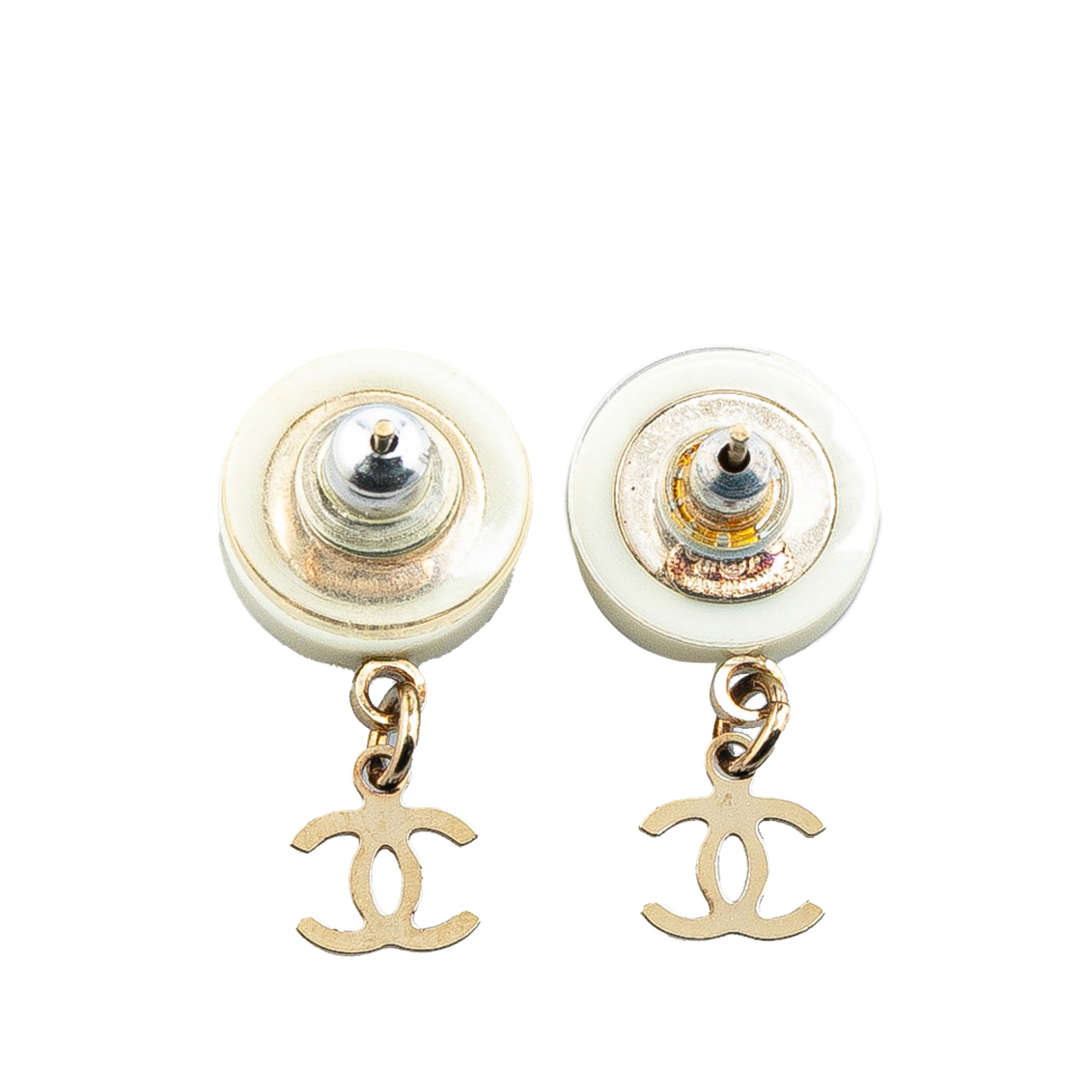 Chanel | Pre-Owned Gold Plated Acrylic CC Dangle Coco Push Back Earrings | White