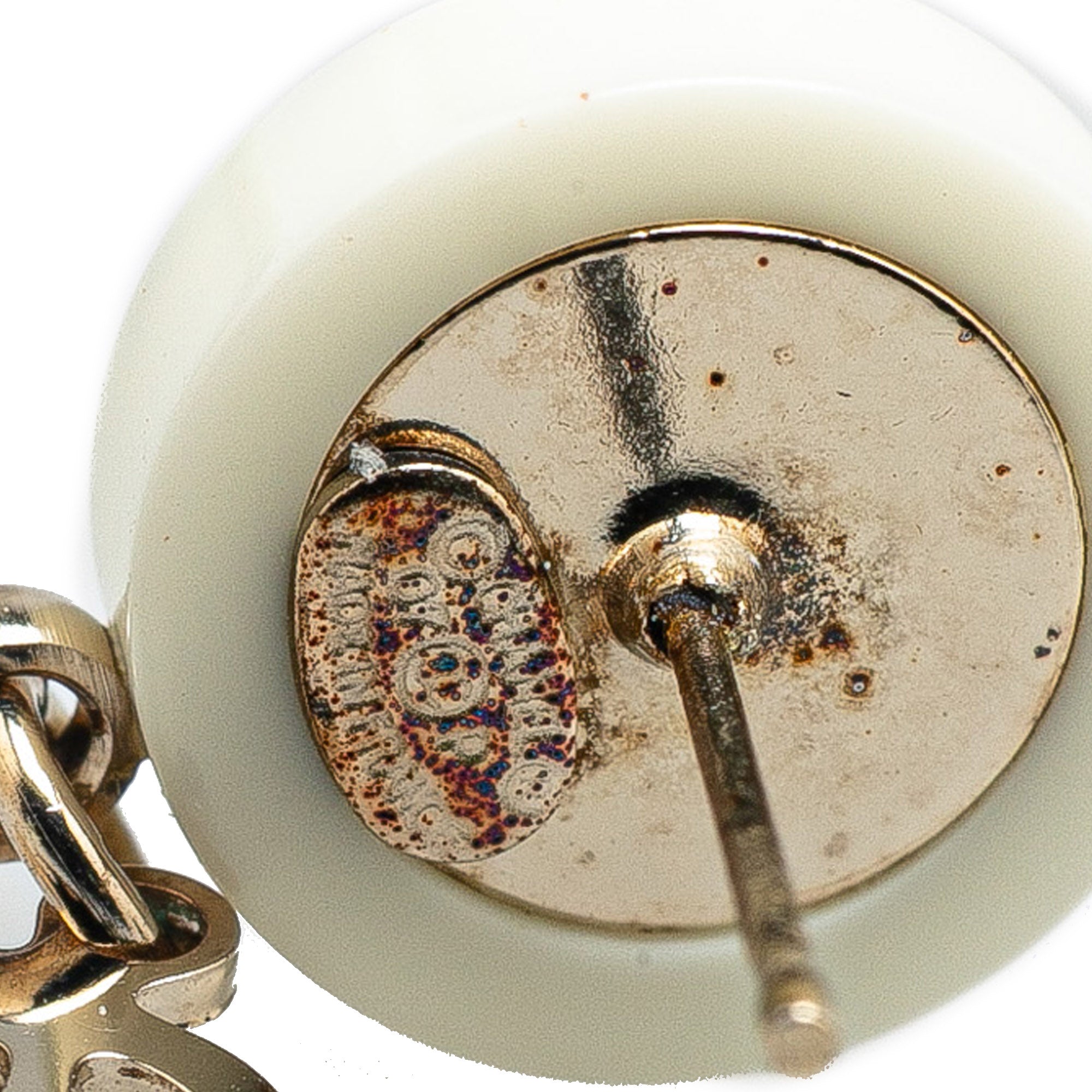 Chanel | Pre-Owned Gold Plated Acrylic CC Dangle Coco Push Back Earrings | White