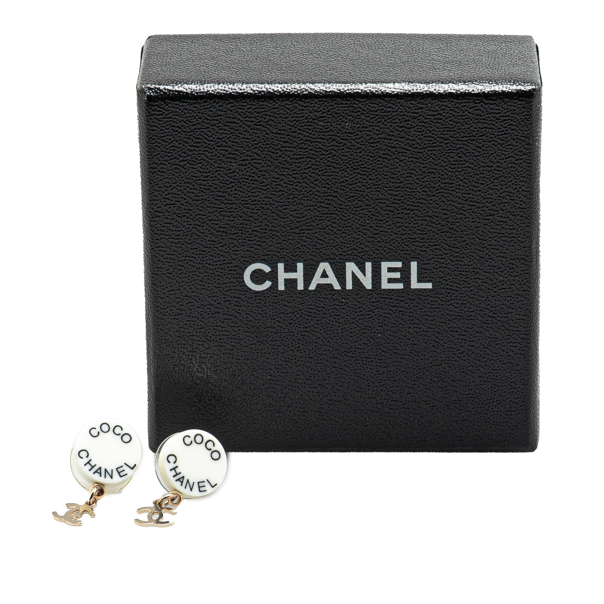 Chanel | Pre-Owned Gold Plated Acrylic CC Dangle Coco Push Back Earrings | White