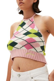 Graphic Cotton Halterneck Top | Multicolor