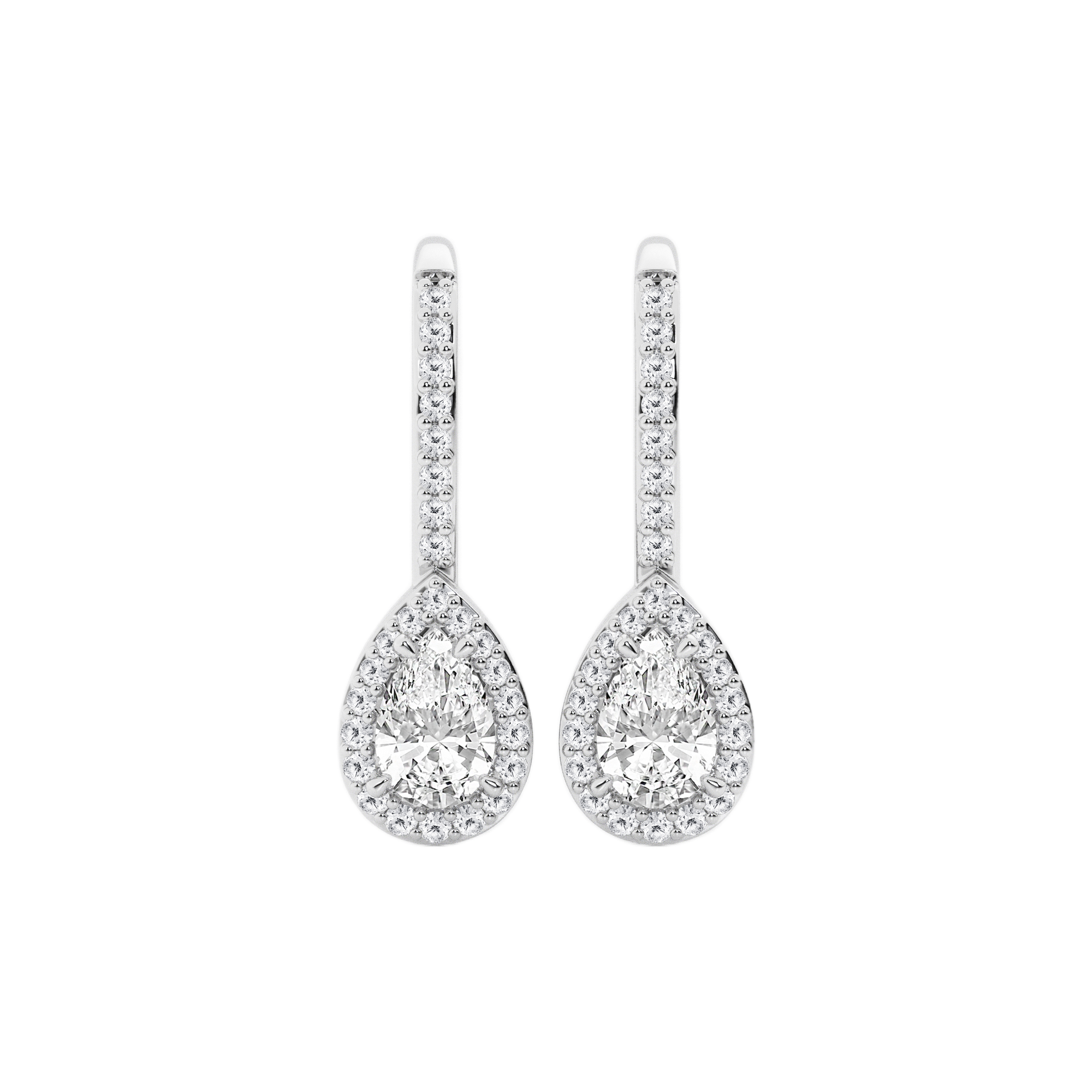 Womens | Halo Leverback Hoop Earrings | 14K White Gold | 1 CTW Pear Cut Lab Grown Diamond | F-VS2