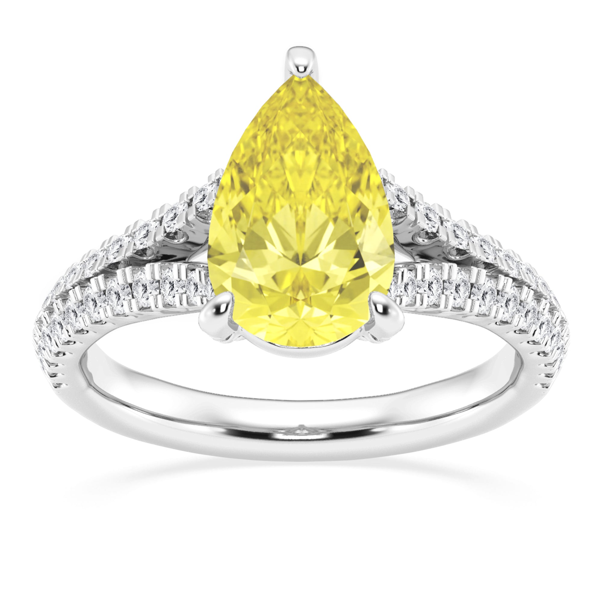 Womens | Halo Split Shant Engagement Ring | 14K White Gold | 2.45 CTW Pear Cut Lab Grown Diamond | Yellow-VS1