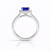 Womens | Halo Split Shant Engagement Ring | 14K White Gold | 2.50 CTW Long Cushion Cut Lab Grown Diamond | Blue-VS1