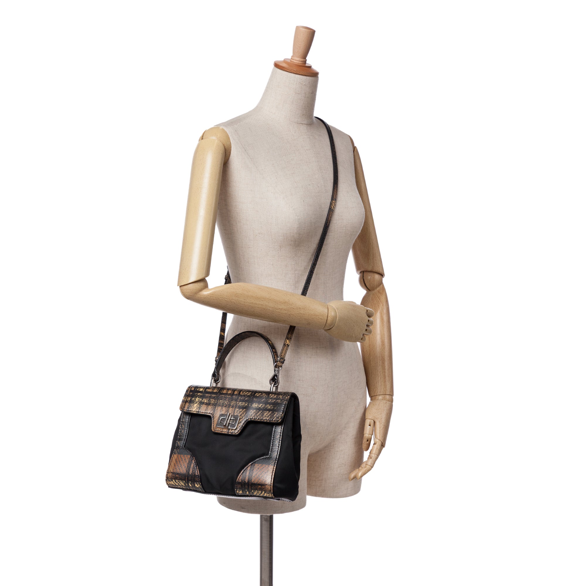 Prada | Pre-Owned Tartan Saffiano Trimmed Tessuto Satchel | Black