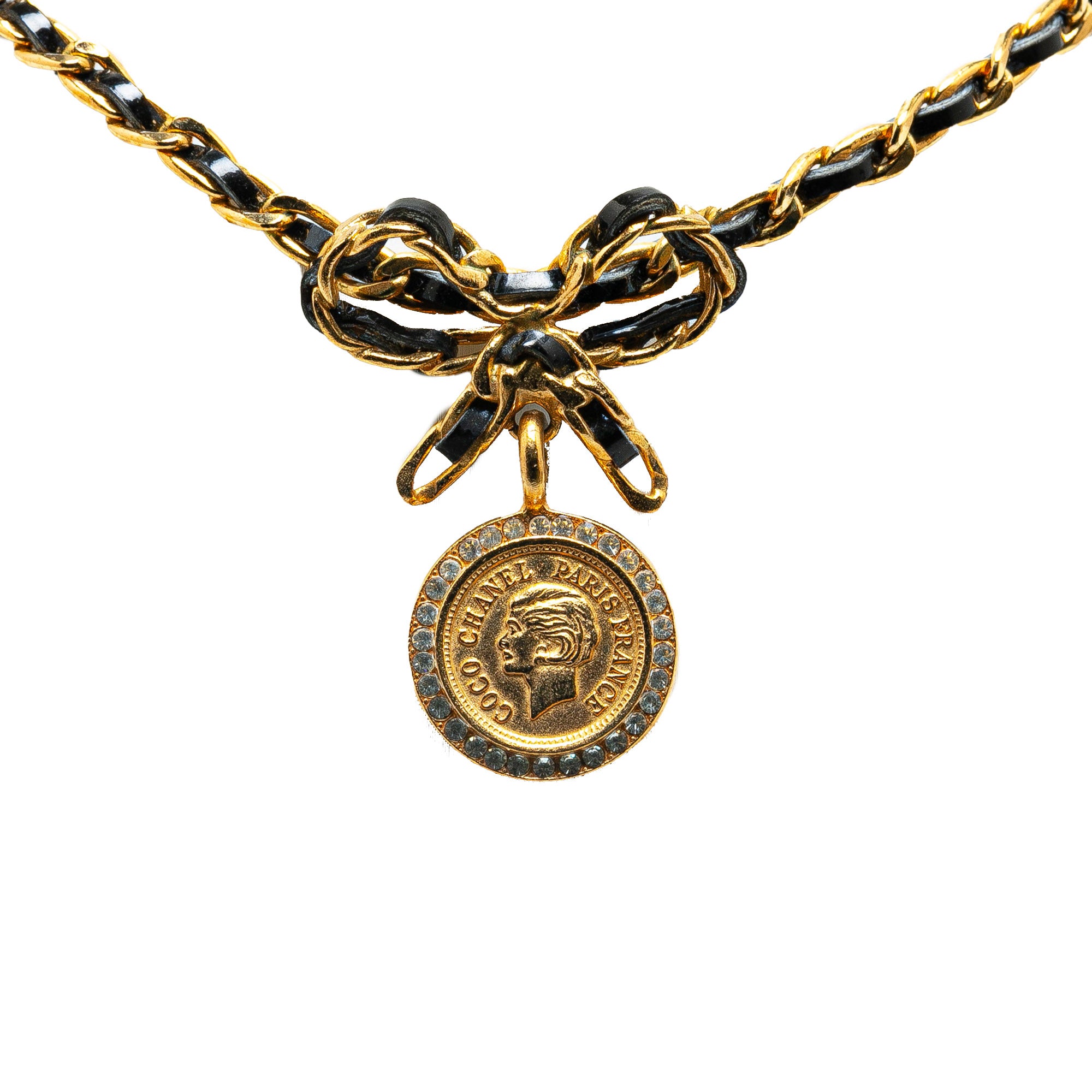 Chanel | Pre-Owned Leather and Gold Plated Medallion Bow Pendant Necklace | Gold