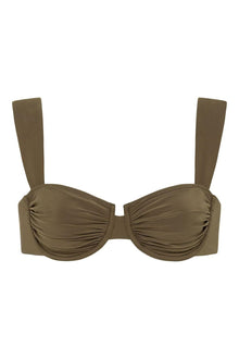 Khaki bikini top with ruched cups and straight shoulder straps.