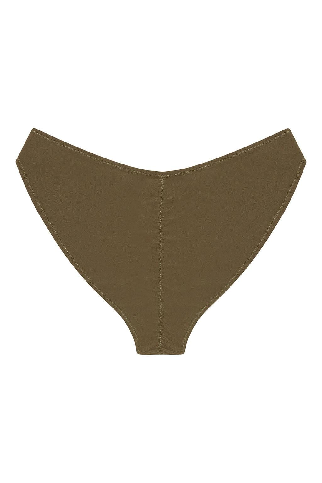 Khaki bikini bottom with high-waisted coverage and visible zig-zag stitching along the edges.