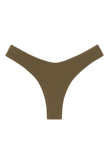 Khaki bikini bottom with zig-zag stitching along the edges and high-cut leg openings.