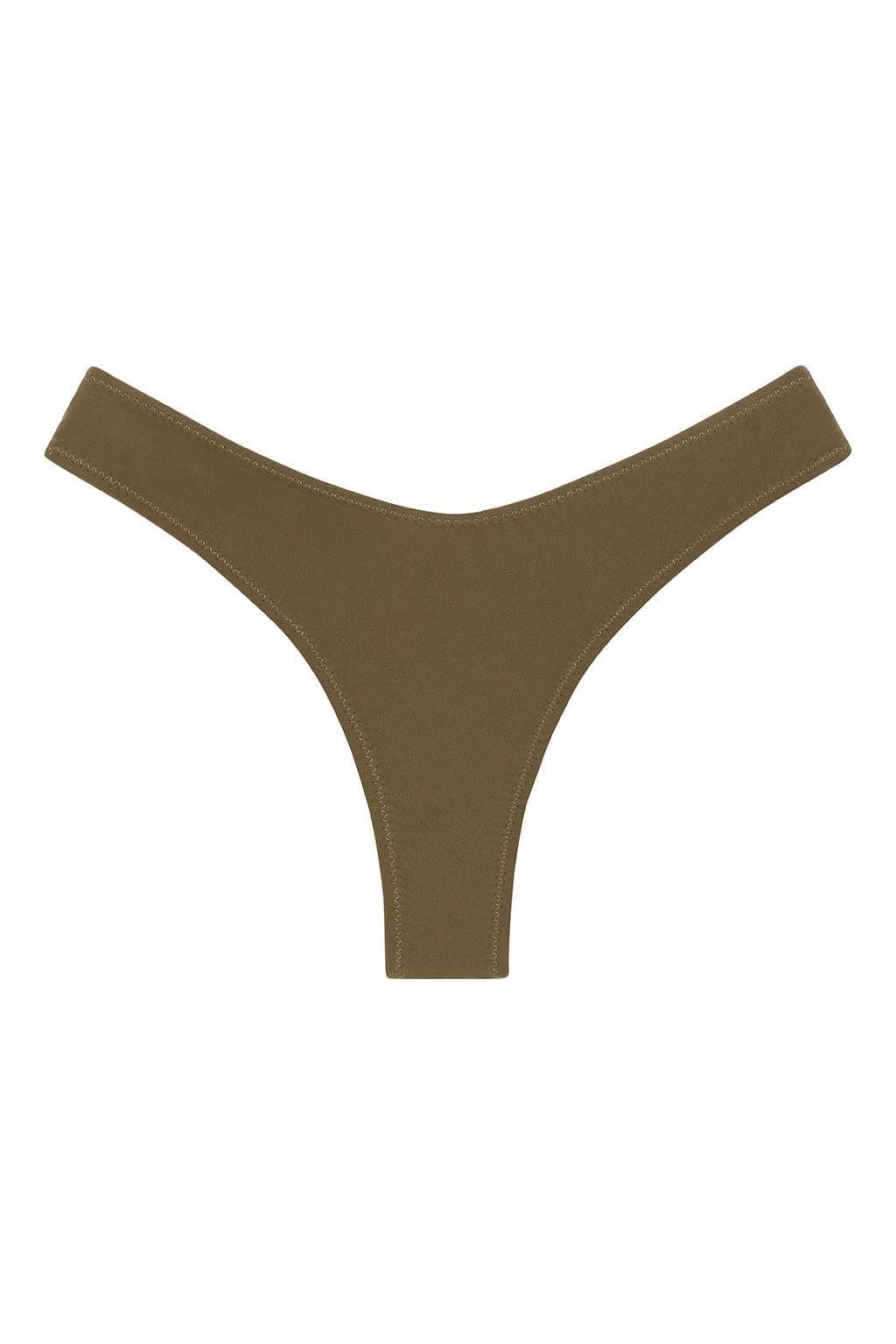Khaki bikini bottom with zig-zag stitching along the edges and high-cut leg openings.