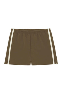 Khaki swim trunks with white side stripes and elasticated waistband.