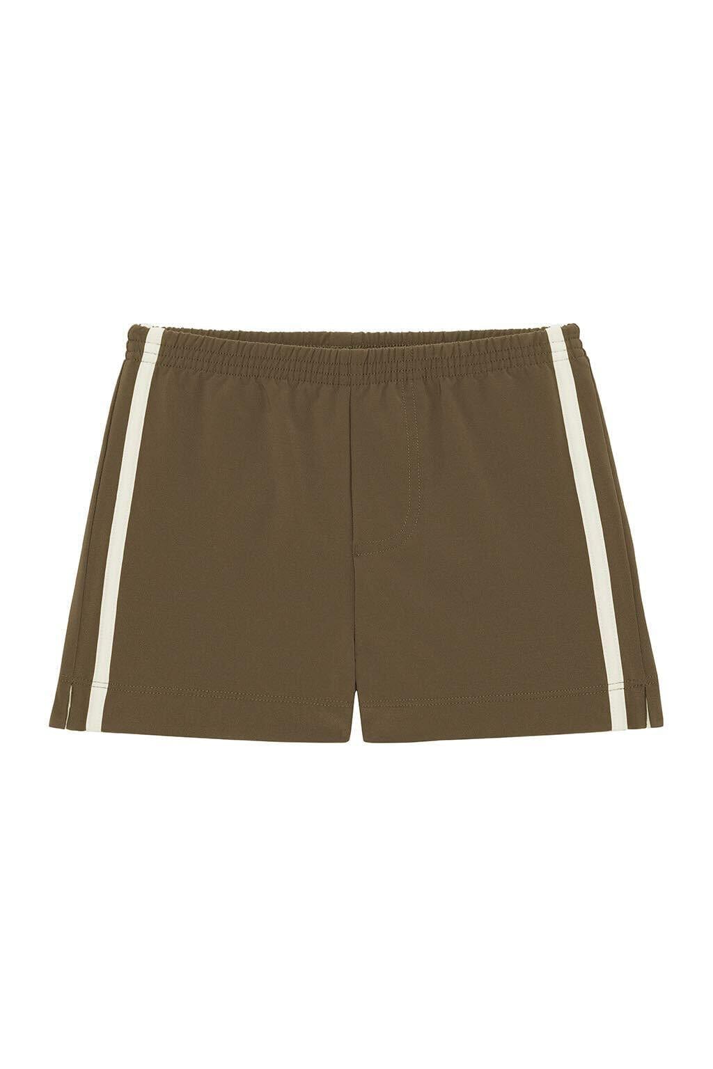 Khaki swim trunks with white side stripes and elasticated waistband.