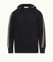Kirk Relaxed Fit Hooded Crochet Knit Jumper | Night Iris/White Sand