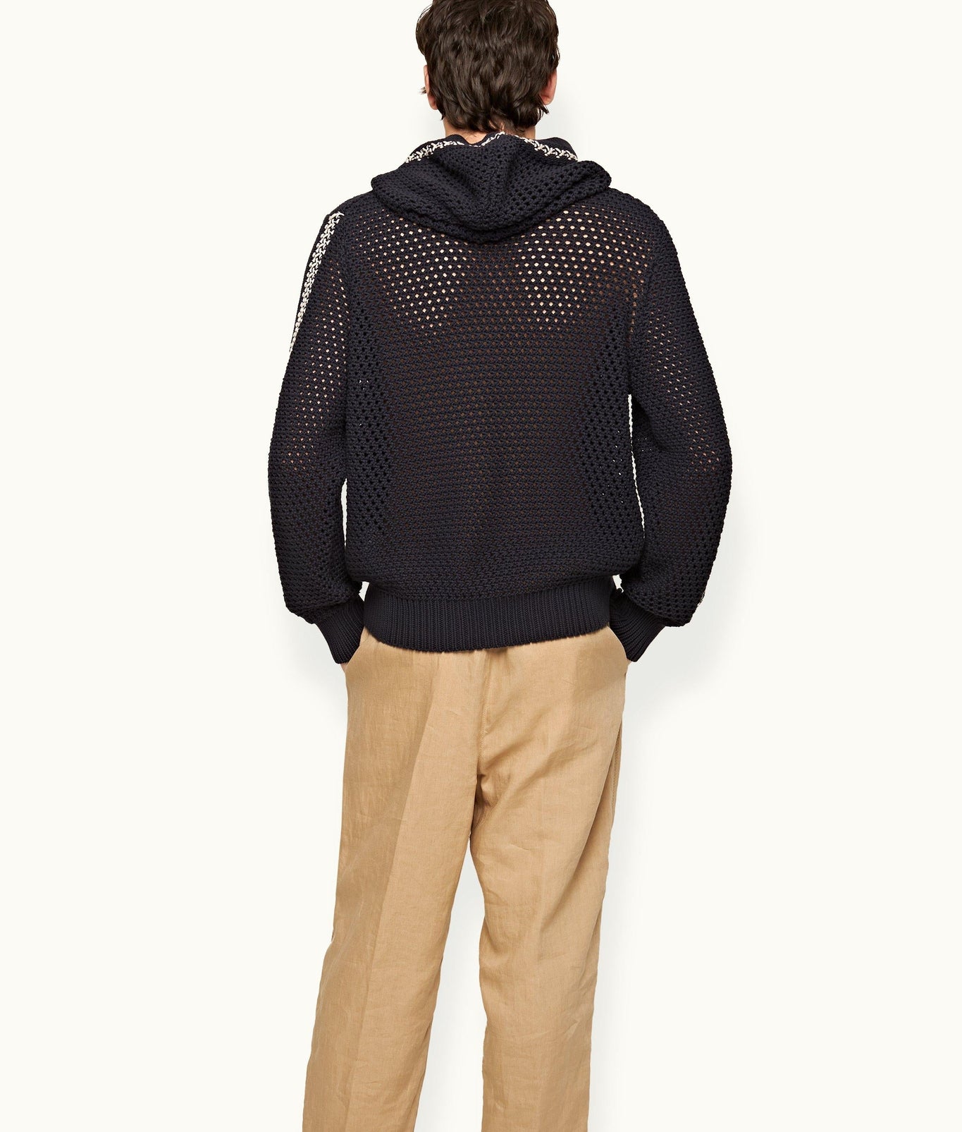 Kirk Relaxed Fit Hooded Crochet Knit Jumper | Night Iris/White Sand
