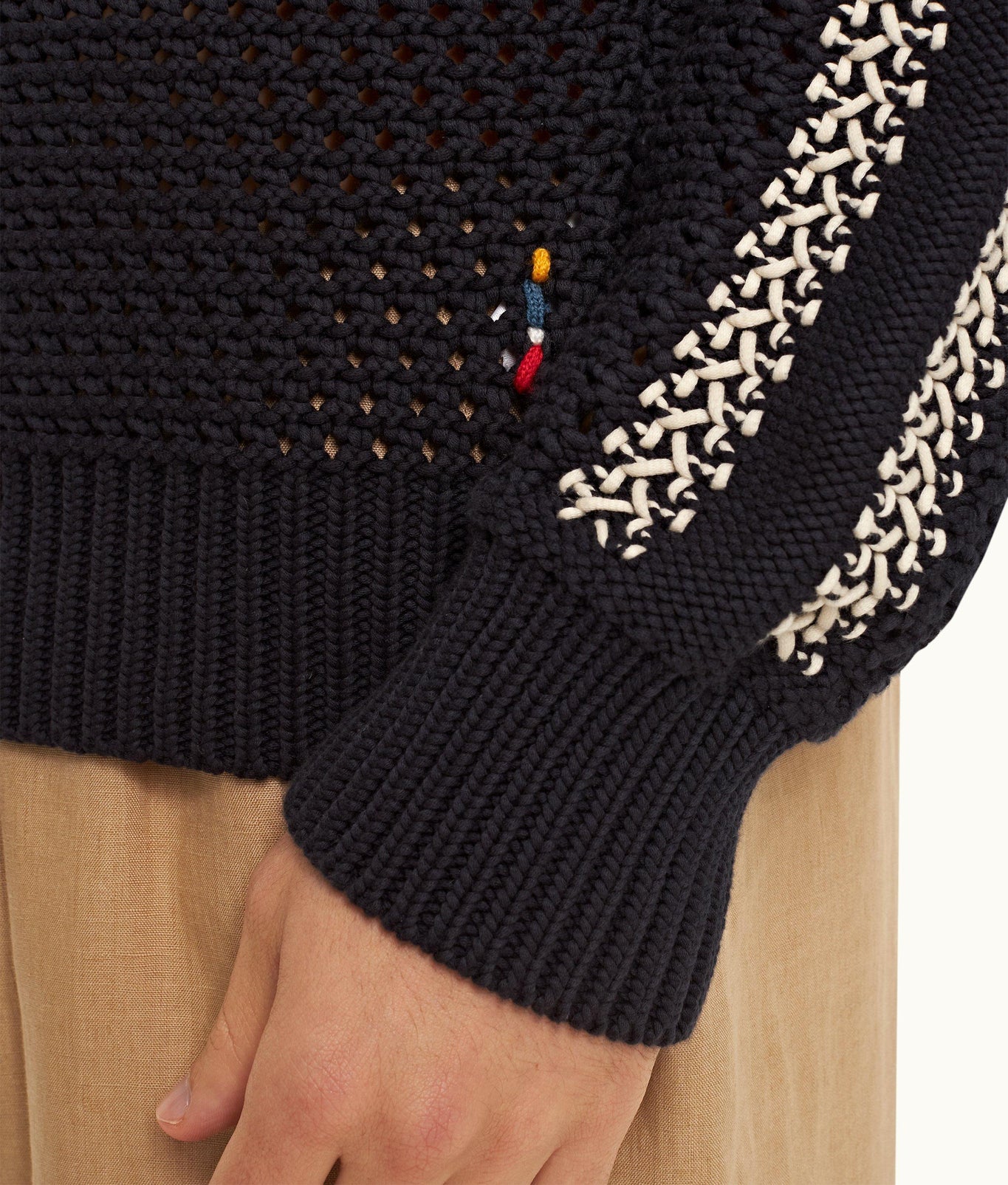Kirk Relaxed Fit Hooded Crochet Knit Jumper | Night Iris/White Sand