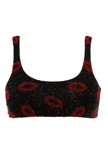 Kiss Hand - Beaded Embellished Bikini Top - Black - Self - Adore