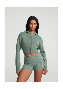 Knit Cropped Zip-Up Jacket | Sage Green