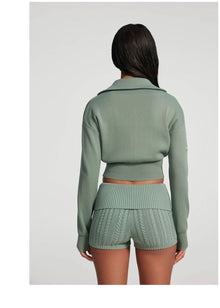 Knit Cropped Zip-Up Jacket | Sage Green
