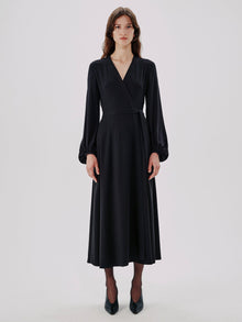 Another Tomorrow Lantern Sleeve Wrap Dress in Black – Viscose Women's Dress