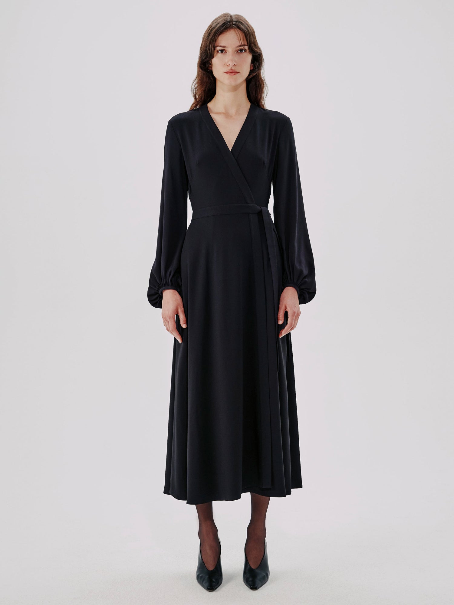 Another Tomorrow Lantern Sleeve Wrap Dress in Black – Viscose Women's Dress