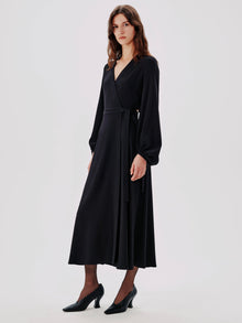Another Tomorrow Lantern Sleeve Wrap Dress in Black – Viscose Women's Dress
