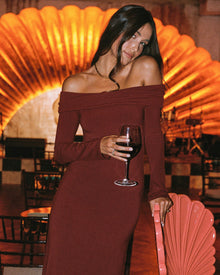 Red off the shoulder maxi dress