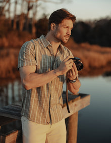 Men | Freshwater Short Sleeve Button Up Shirt | Deep Sage Stripe