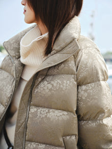 Silk Jacquard Stand-Collar Goose Down Coat | Khaki