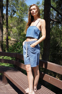 LNA Camille Crop Top in soft denim