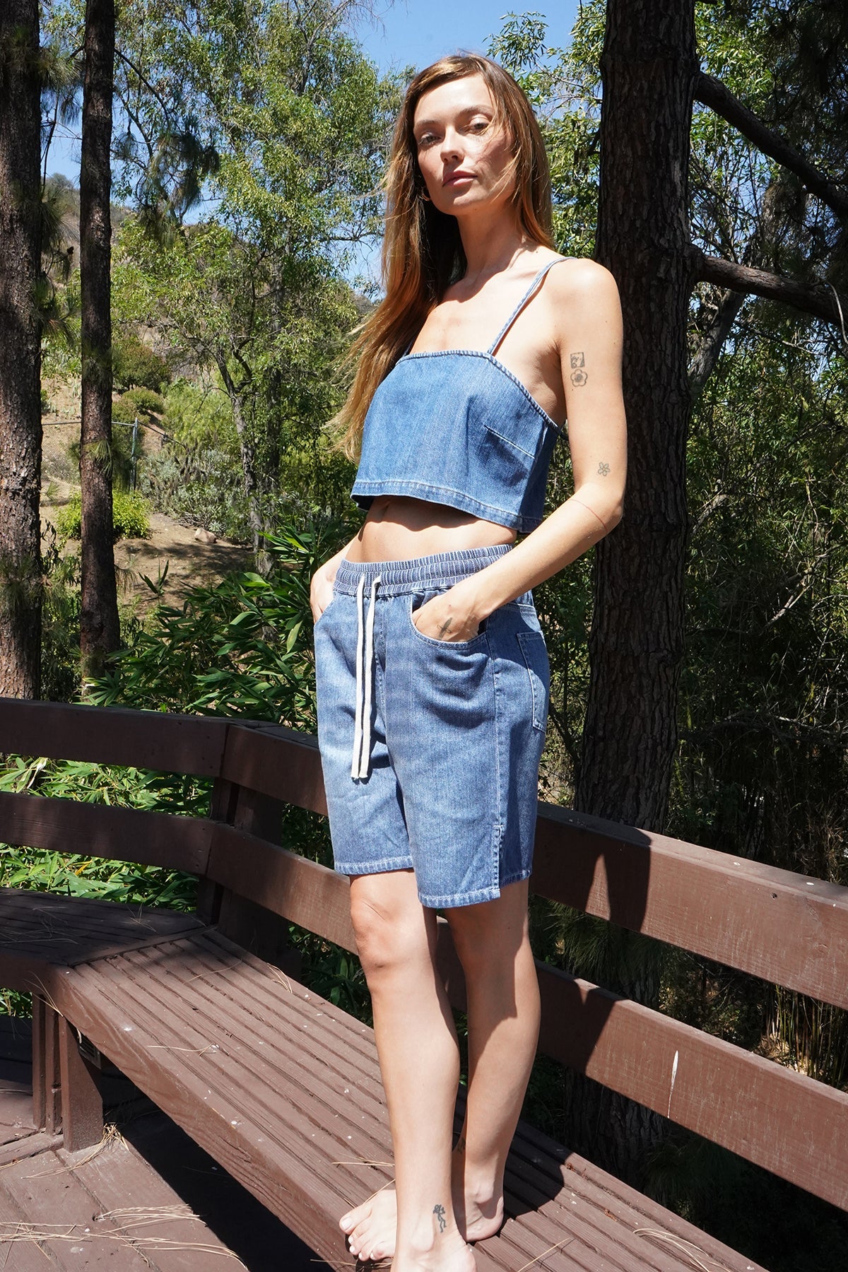 LNA Camille Crop Top in soft denim