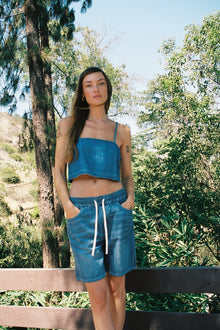 LNA Camille Crop Top in soft denim