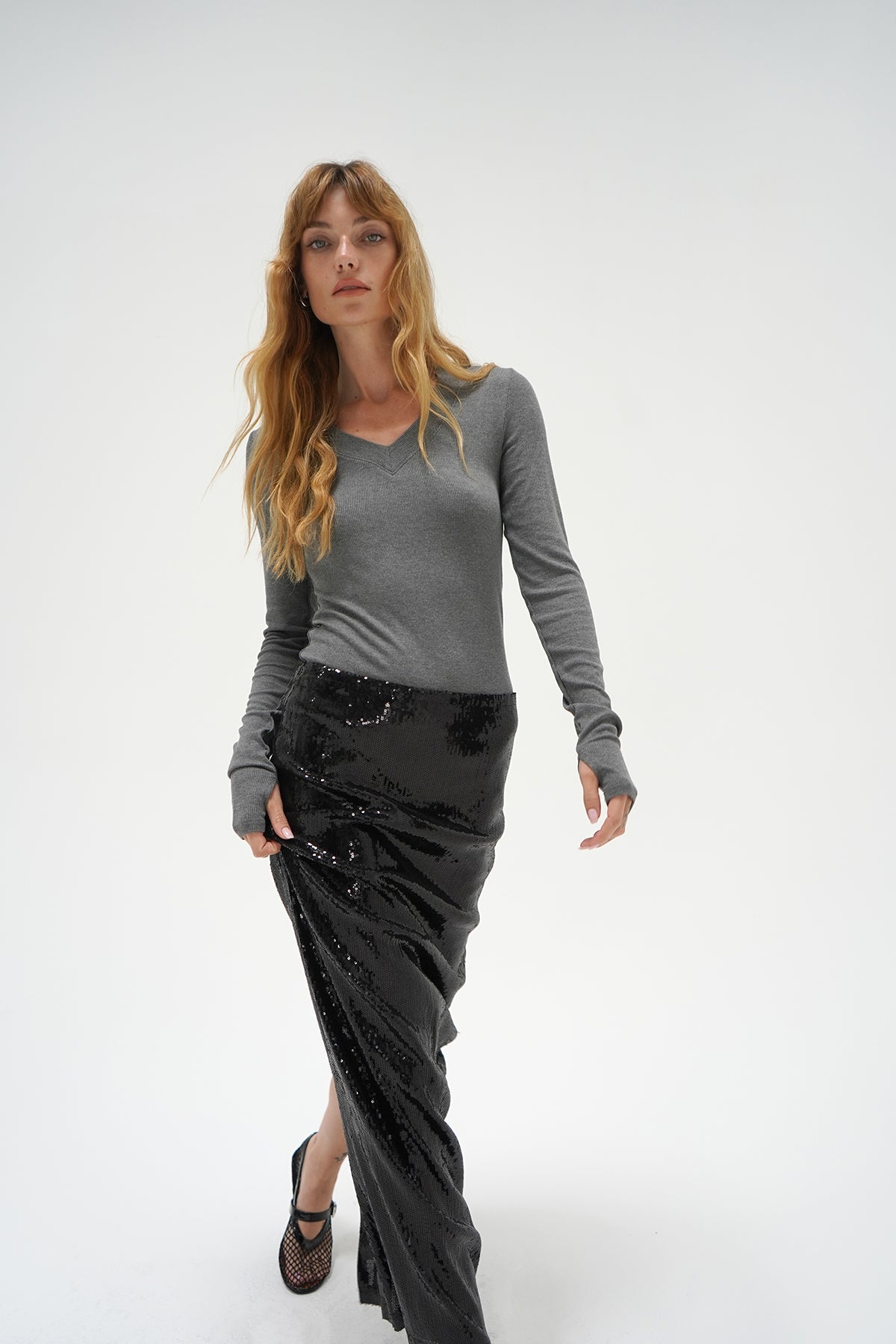 Women | Elettra Sequin Column Skirt | Black Sequin