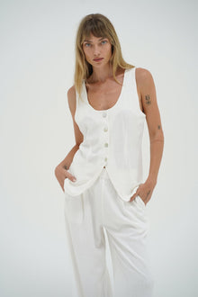 LNA Kai Long Line Linen Vest in whisper white