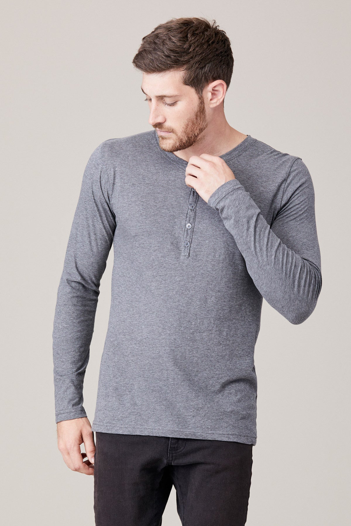 Men | Long Sleeve Button Henley | Heather Grey