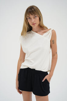 LNA Natia Tee in jet stream with knot detail on one shoulder