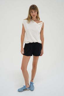 LNA Natia Tee in jet stream with knot detail on one shoulder