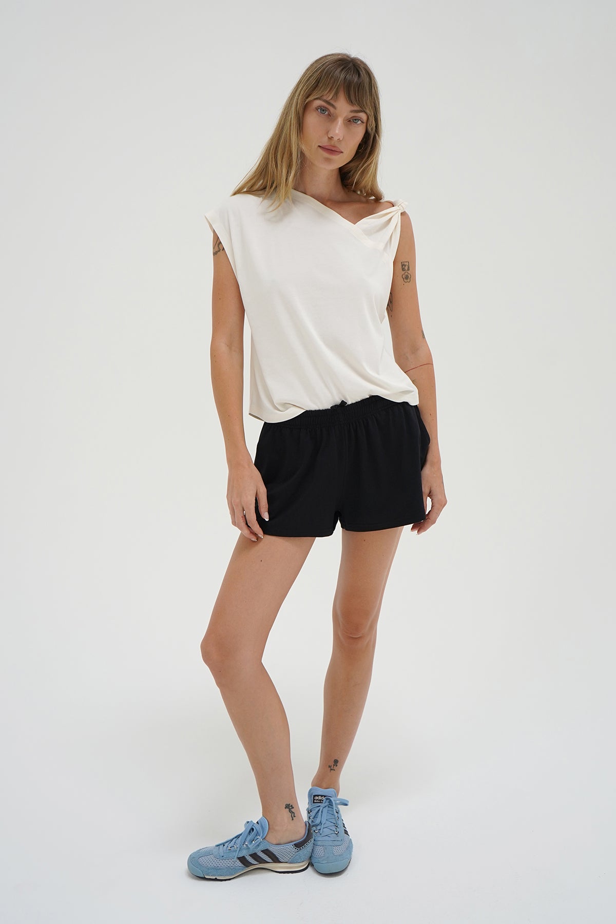 LNA Natia Tee in jet stream with knot detail on one shoulder