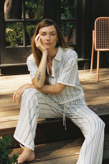 LNA Neena Short Sleeve Deep V in ivory with black stripe