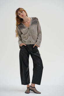 LNA V-neck button down cardigan with two front pockets in heather beige cute detailing on shoulder