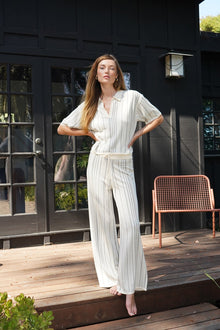 LNA Neena Short Sleeve Deep V in ivory with black stripe