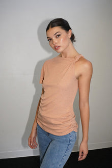 LNA Sarai Twist Shoulder Rib Top in Heather Blush