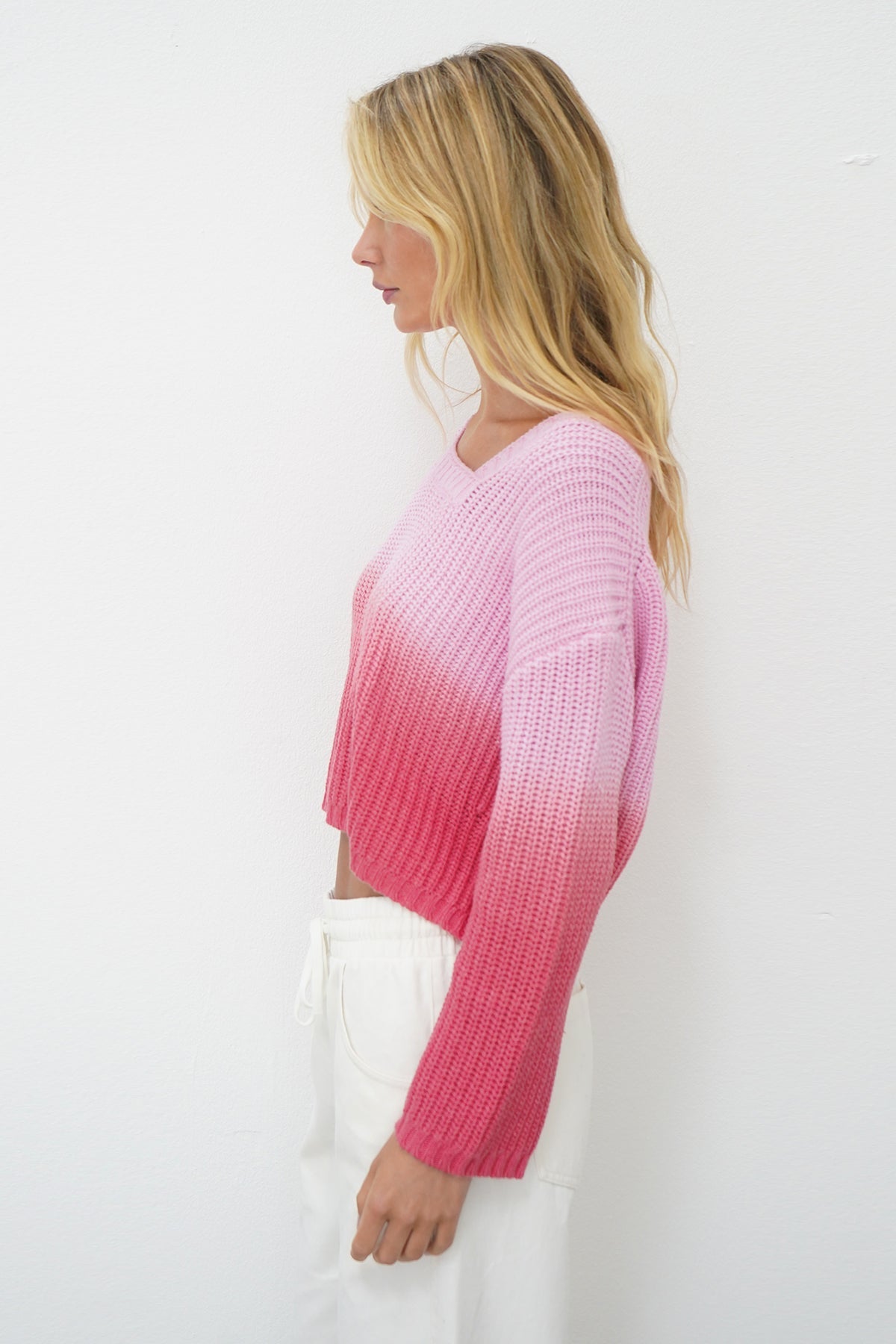 LNA Clothing Angle V Sweater in Pink Dip Dye