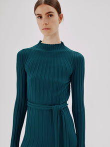 Another Tomorrow Long Sleeve Rib Flare Dress in Petrol – Viscose Women's Dress