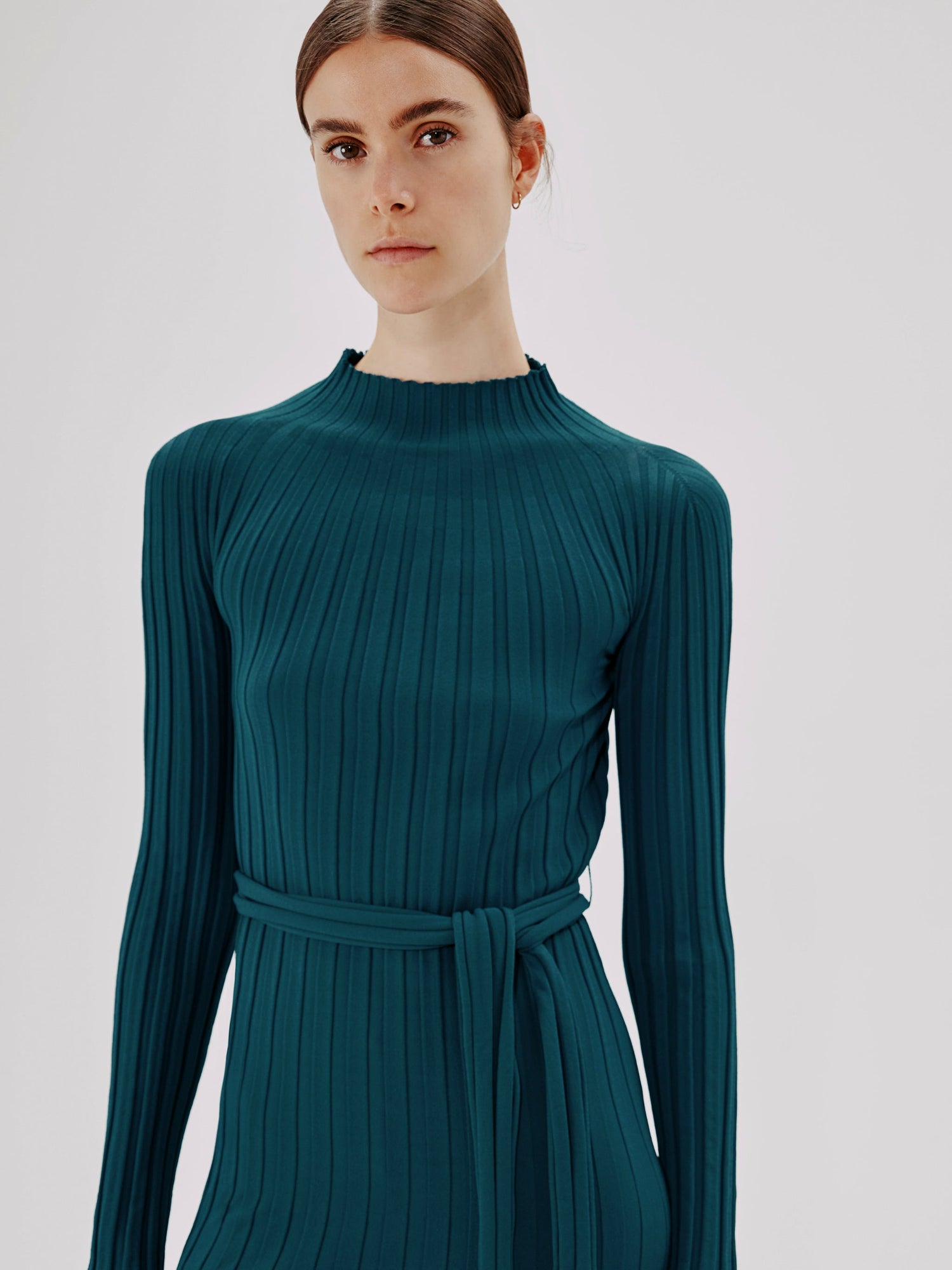 Another Tomorrow Long Sleeve Rib Flare Dress in Petrol – Viscose Women's Dress