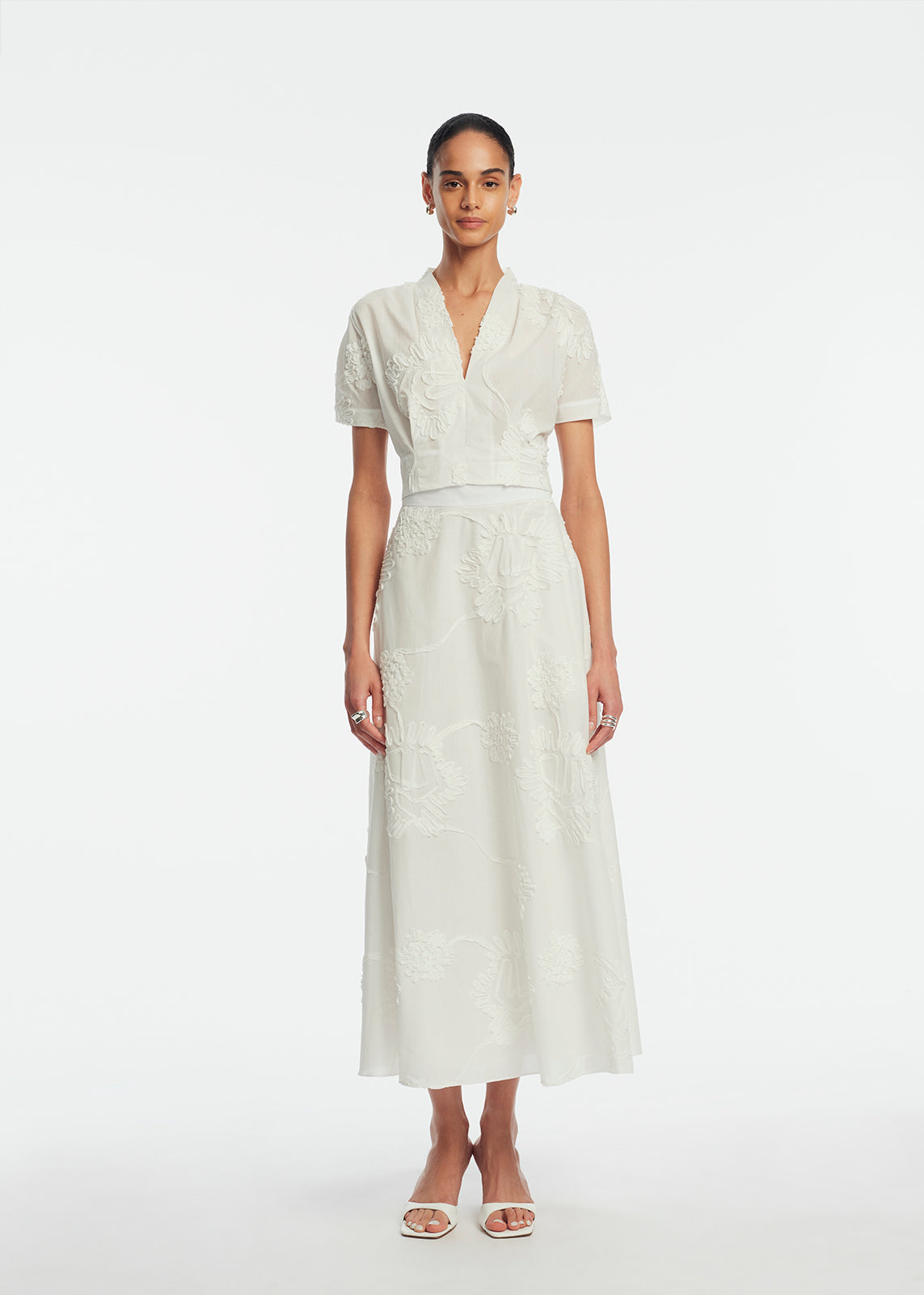 Ribbon Embroidered Cotton Full Skirt | White