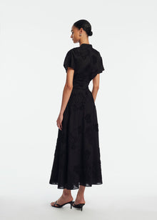 Ribbon Embroidered Cotton Full Skirt | Black