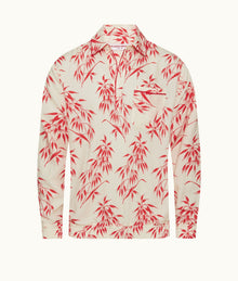 Lakewood Easy Fit Classic Collar Long-Sleeve Bamboo Print Linen Overhead Shirt | White Sand/Summer Red