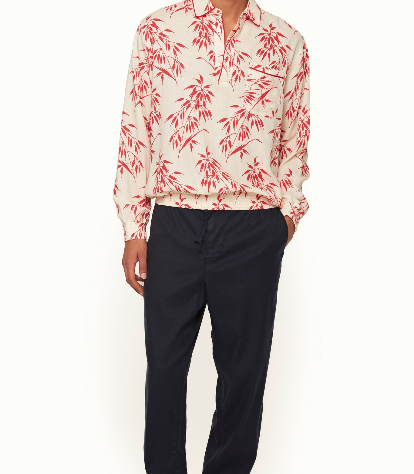 Lakewood Easy Fit Classic Collar Long-Sleeve Bamboo Print Linen Overhead Shirt | White Sand/Summer Red