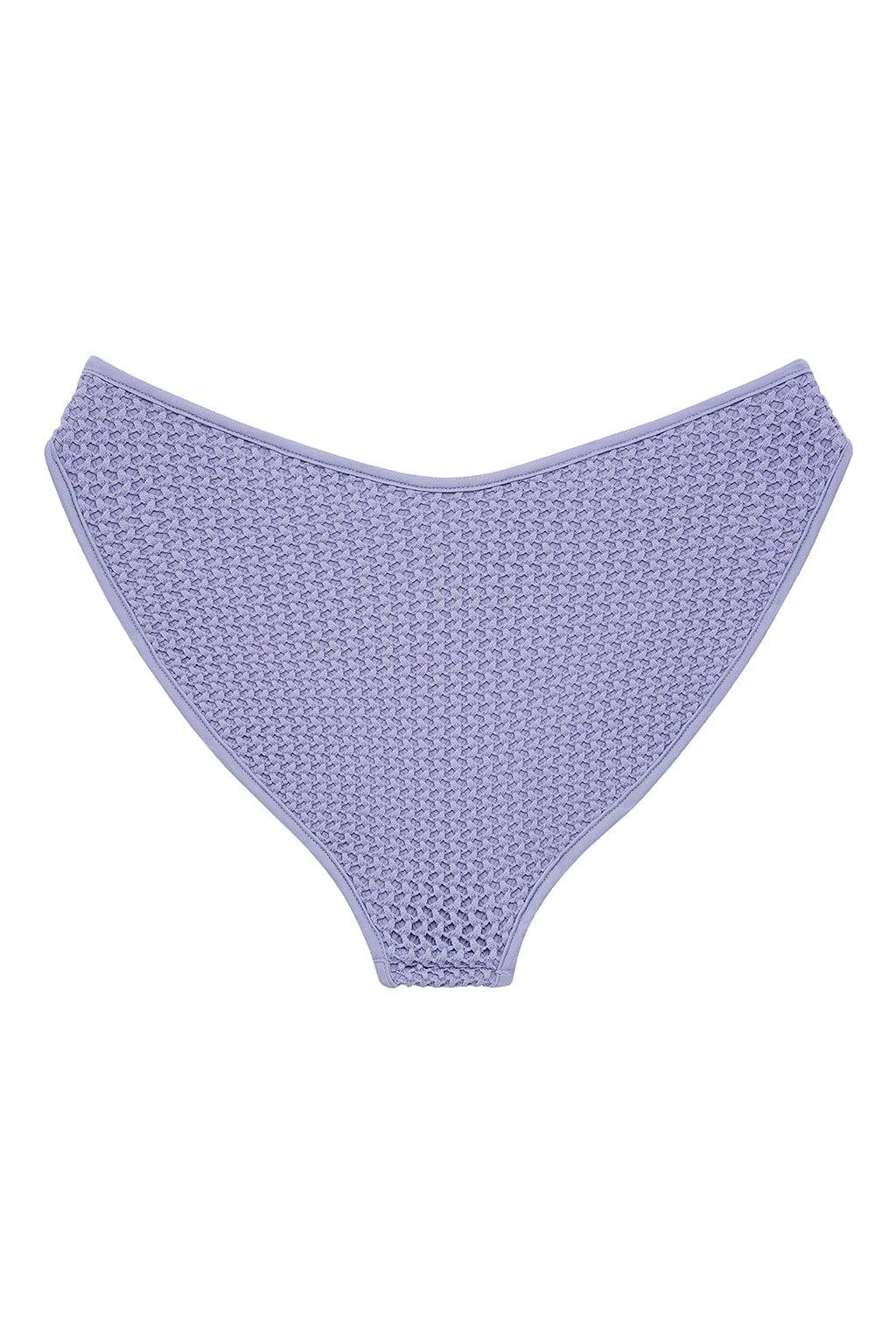 Lavender crochet bikini bottom with textured knit fabric and high-waisted cut.