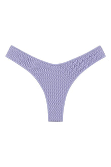Lavender crochet bikini bottom with textured knit fabric and high-cut thong style.